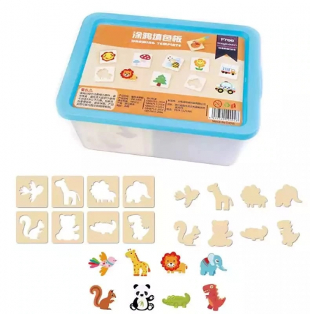 Accesorii Craft - Set Montessori cu 56 sabloane din lemn cu accesorii pentru desenat, multicolor