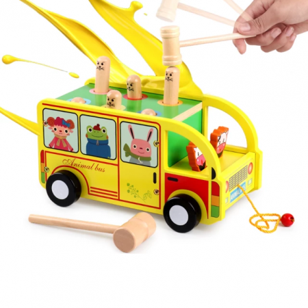 Autobuz de tras, din lemn, cu ciocanel si animale, multicolor [1]