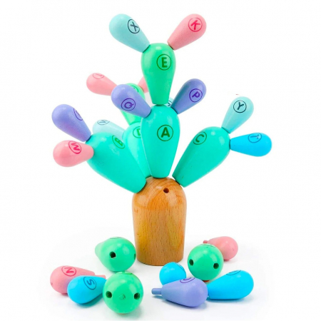 Jucarie educativa Cactus din lemn de construit si echilibrat, multicolor