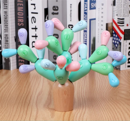 Jucarie educativa Cactus din lemn de construit si echilibrat, multicolor [1]