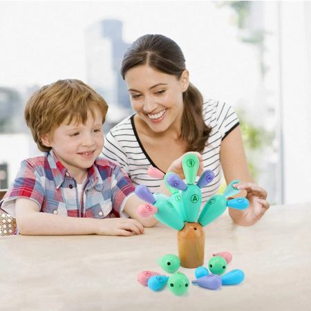 Jucarie educativa Cactus din lemn de construit si echilibrat, multicolor [4]