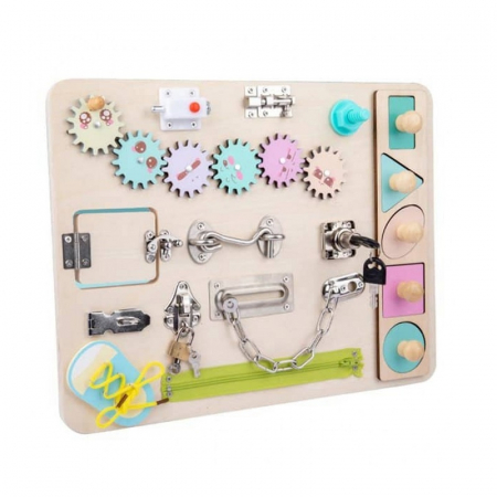 Placa senzoriala Busy Board activitati Montessori cu incuietori, multicolor