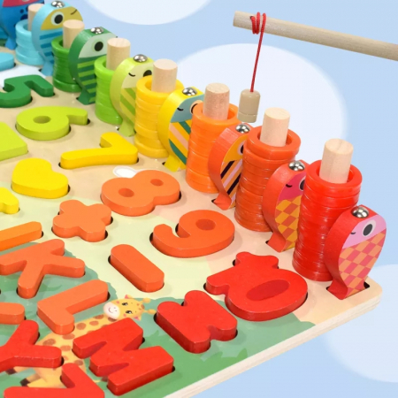 Joc 7 in 1 din lemn Montessori logaritmic, litere, cifre, forme, animale salbatice, forme geometrice si pescuit magnetic [1]