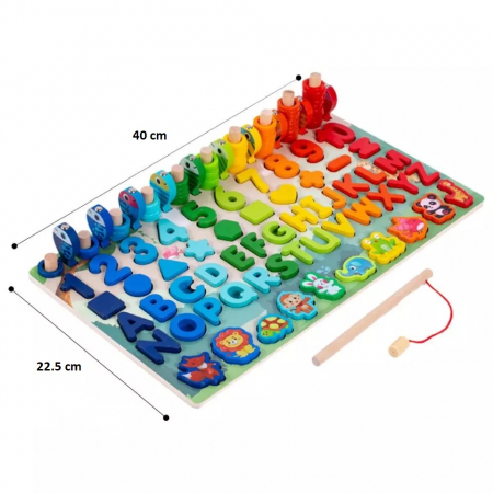 Joc 7 in 1 din lemn Montessori logaritmic, litere, cifre, forme, animale salbatice, forme geometrice si pescuit magnetic [6]