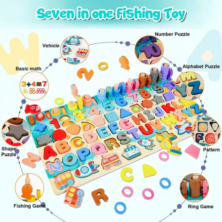 Joc lemn 7 in 1 Montessori logaritmic si pescuit magnetic, multicolor [3]