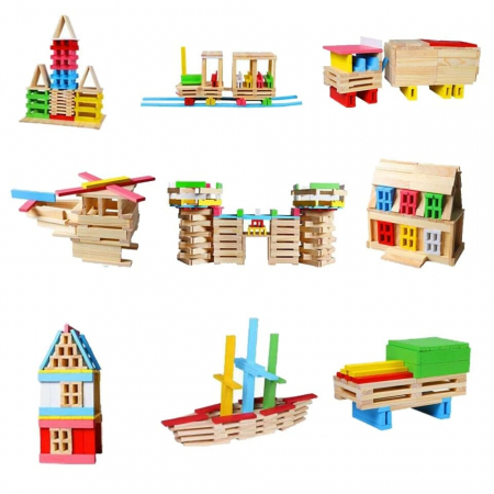 Set constructie, 150 de piese din lemn, multicolor [4]