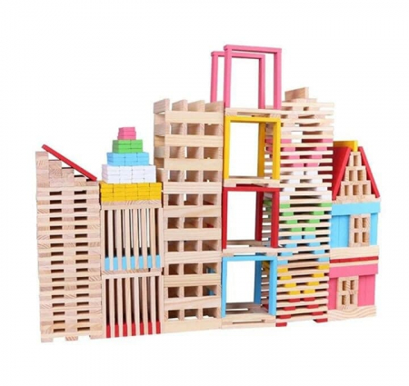 Set constructie, 150 de piese din lemn, multicolor