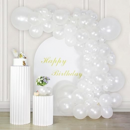 Baloane din Latex pentru Arcada, Set din 120 baloane, Model Party, Botez, Pai transparent si adeziv inclus in cutie, 23 cm, Alb [1]