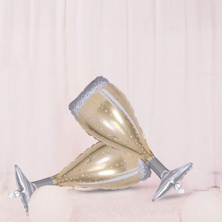 Balon din Folie Metalizata, Figurina Pahar de Sampanie, Tema Aniversare, 100x40 cm, Ambalaj Individual, Pai Inclus, Umflare cu Aer sau Heliu, Auriu [1]