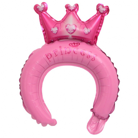 Articole de petrecere - Balon din Folie Metalizata,  Tip Coronita cu Urechi, Model Coronita de Printesa, Ambalaj Individual, Pai Inclus, Umflare cu Aer sau Heliu, 30 x 27 cm, Roz
