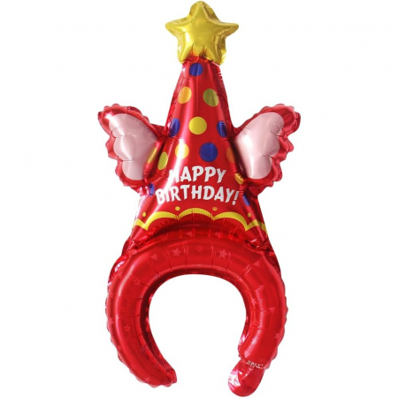 Articole de petrecere - Balon din Folie Metalizata, Tip Coronita, Model Palarie de Petrecere, Ambalaj Individual, Pai Inclus, Umflare cu Aer sau Heliu, 31 x 50 cm, Rosu