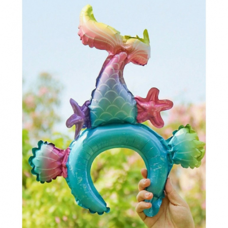 Balon din Folie Metalizata, ,Tip Coronita, Model Sirena, Ambalaj Individual, Pai Inclus, Umflare cu Aer sau Heliu, 43 x 50 cm, Multicolor [1]