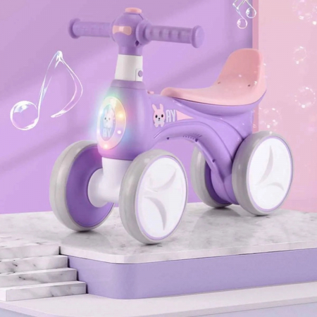 Bicicleta fara pedale cu roti silentioase, pentru copii 1-3 ani, lumini, muzica si baloane de sapun, mov