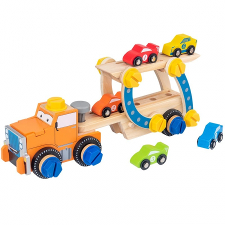 Camion din lemn demontabil cu platforma si masinute, multicolor