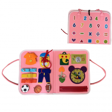 Carte senzoriala tip geanta cu activitati busy board, roz