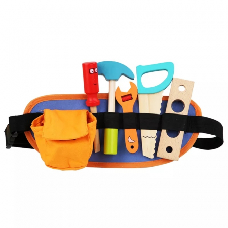 Jucarii Montessori din lemn - Centura cu scule de constructii si accesorii din lemn, 14 pcs, multicolor