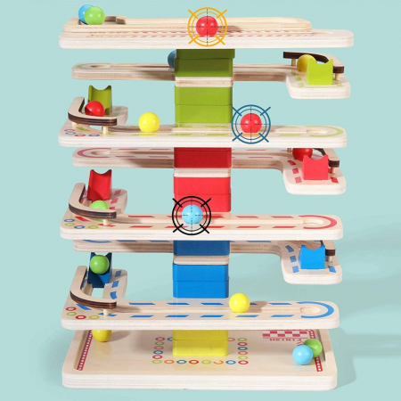 Circuit Montessori cu bile din lemn pe 4 nivele, 32x14x25 cm, multicolor [5]
