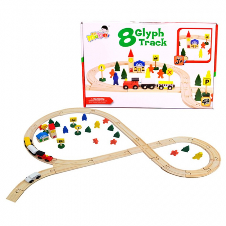 Jocuri de constructie - Circuit din lemn Rail Overpass cu masinute si covoras puzzle, 48 piese, multicolor