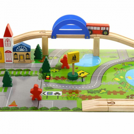 Circuit din lemn Rail Overpass cu masinute si covoras puzzle, 40 piese, multicolor [3]
