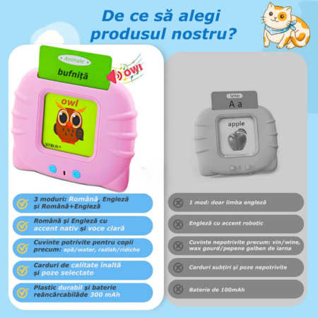 Cititor carduri in limba Romana si Engleza cu 448 cuvinte, 224 imagini, dezvoltare vocabular, roz [3]