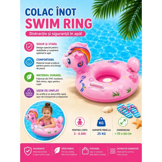 Colac cu chilotel si manere pentru copii Unicorn Swim Ring, 70x60 cm, roz [1]