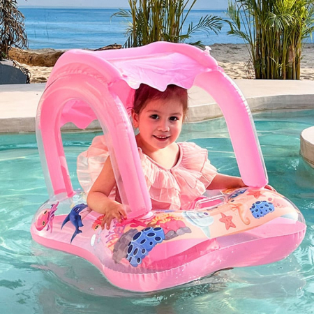 Colac gonflabil barcuta cu acoperis si suport pentru copii Kiddie Float, roz [1]