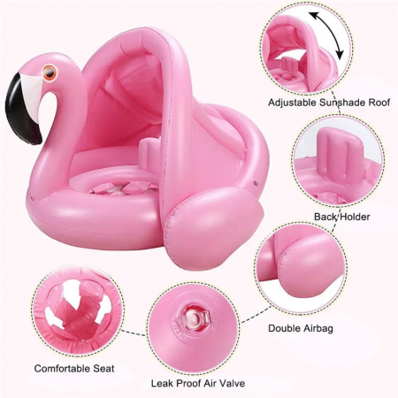 Colac gonflabil barcuta cu parasolar detasabil si suport pentru copii, Flamingo, multicolor [5]