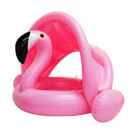 Colaci, piscine si accesorii inot - Colac gonflabil barcuta cu parasolar detasabil si suport pentru copii, Flamingo, multicolor