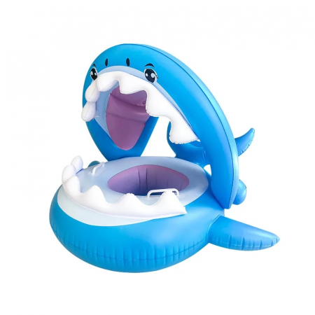Colaci, piscine si accesorii inot - Colac gonflabil barcuta cu parasolar detasabil si suport pentru copii, Rechin, multicolor