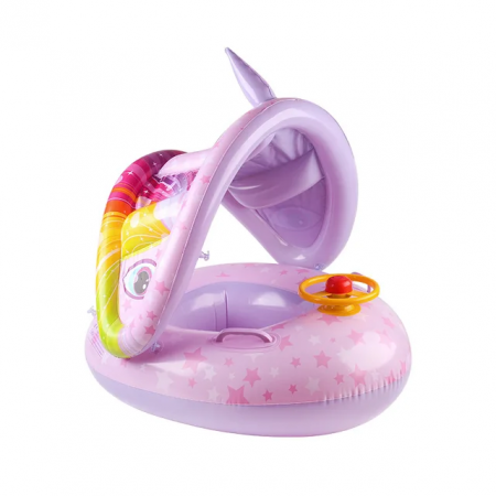Colaci, piscine si accesorii inot - Colac gonflabil barcuta cu volan, parasolar detasabil si suport pentru copii, Unicorn