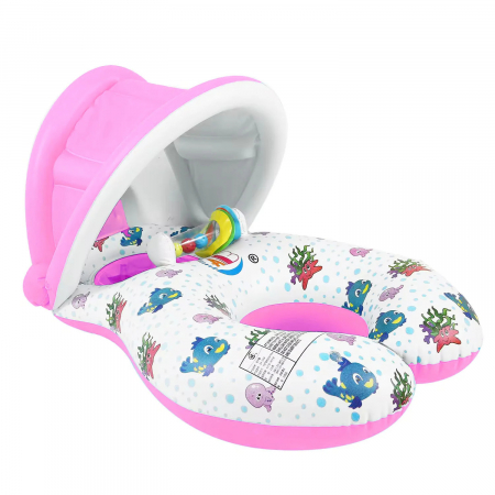 Colaci, piscine si accesorii inot - Colac gonflabil mama si copilul, parasolar detasabil si suport pentru copil, roz