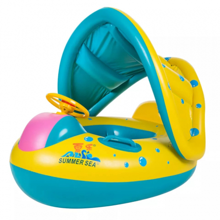 Colaci, piscine si accesorii inot - Colac gonflabil Summer Sea cu volan, acoperis si suport pentru copii, model Barcuta, multicolor