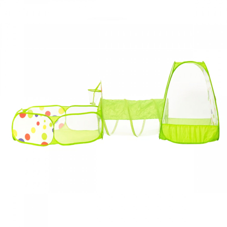 Cort de joaca 3 in 1 ideal pentru copii cu 100 de bile multicolore incluse, format din casuta, tunel intermediar si piscina, verde [2]