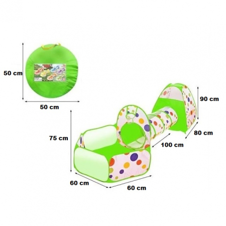 Cort de joaca 3 in 1 ideal pentru copii cu 100 de bile multicolore incluse, format din casuta, tunel intermediar si piscina, verde [5]