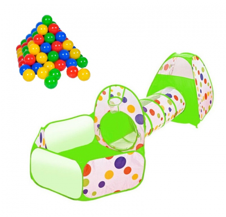Cort de joaca 3 in 1 ideal pentru copii cu 100 de bile multicolore incluse, format din casuta, tunel intermediar si piscina, verde [0]