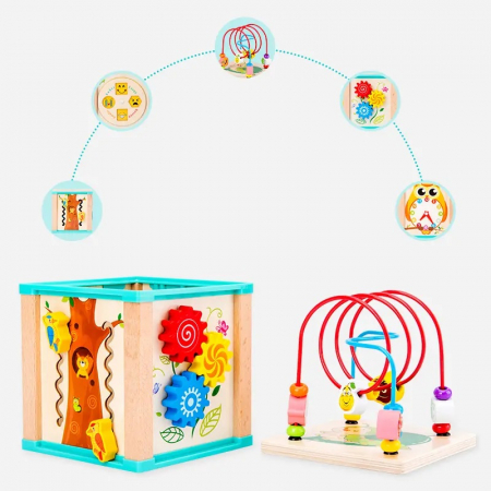 Cub educativ cu activitati Montessori din lemn Bufnita 5 in 1, multicolor [6]