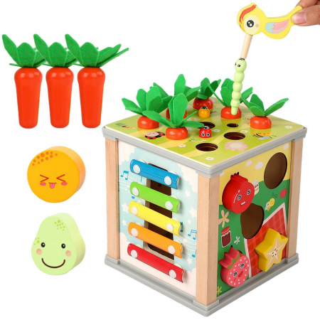 Cub educativ cu activitati Montessori din lemn 6 in 1, pescuit, xilofon, sortare, multicolor [1]