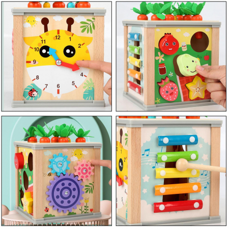 Cub educativ cu activitati Montessori din lemn 6 in 1, pescuit, xilofon, sortare, multicolor [3]