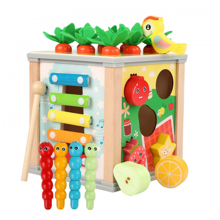 Cub educativ cu activitati Montessori din lemn 6 in 1, pescuit, xilofon, sortare, multicolor [0]