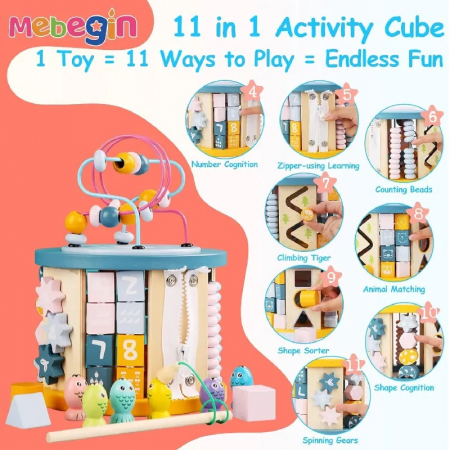 Cub educativ din lemn 11 in 1 cu Bead Winding, multicolor [6]