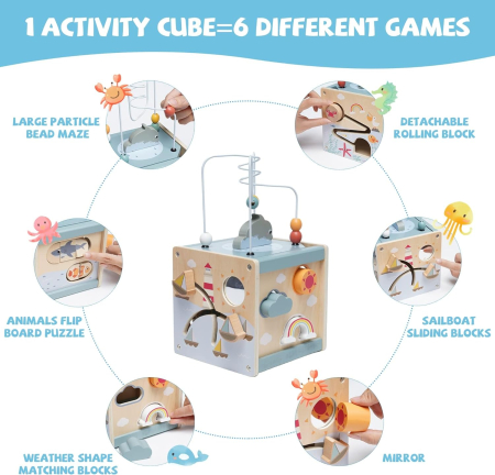 Cub educativ din lemn cu Animale Marine 5 in 1, multicolor [1]