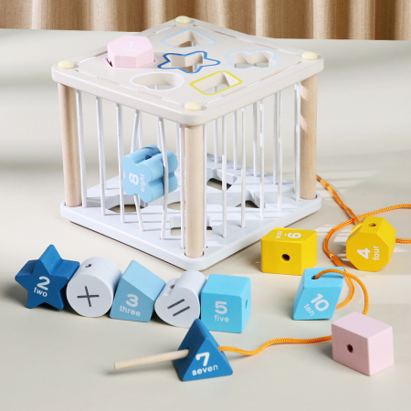 Cub educativ din lemn sortare forme geometrice si snuruit, 12 piese, multicolor [1]