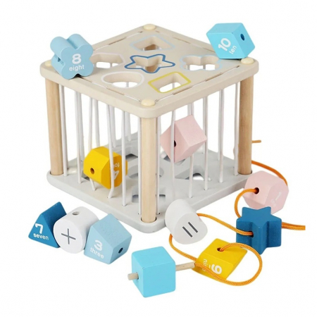 Cub educativ din lemn sortare forme geometrice si snuruit, 12 piese, multicolor