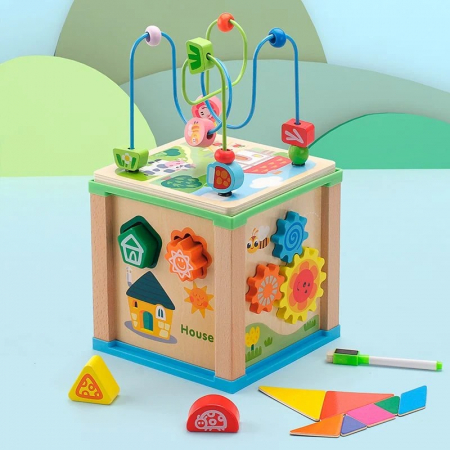 Cub educativ lemn 5 in 1 cu tablita magnetica Rolling Beads Intelligence Box, multicolor [2]