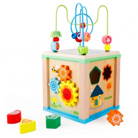 Cub educativ lemn 5 in 1 cu tablita magnetica Rolling Beads Intelligence Box, multicolor [0]