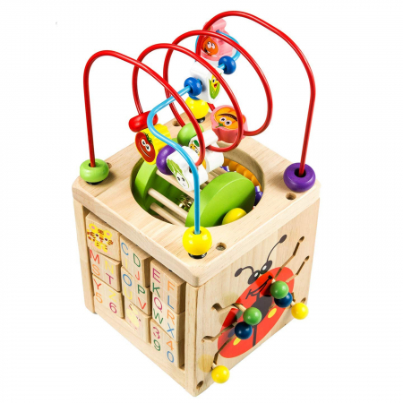 Cub educativ Montessori din lemn 6 in 1 cu activitati, ceas, numaratoare, labirinturi, roata [1]