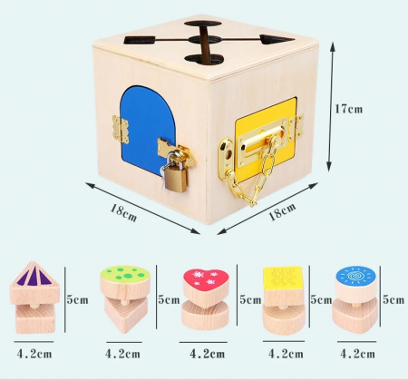 Cub educativ Montessori din lemn cu incuietori si labirint, multicolor [6]