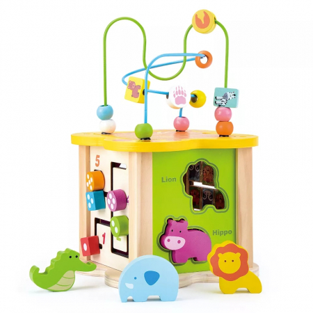Cuburi educative - Cub educativ multifunctional din lemn 6 in 1 Mini Animal Cube, multicolor