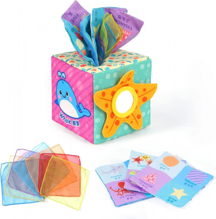 Jucarii bebe - Cub senzorial activitati cu servetele, Animale Marine, multicolor
