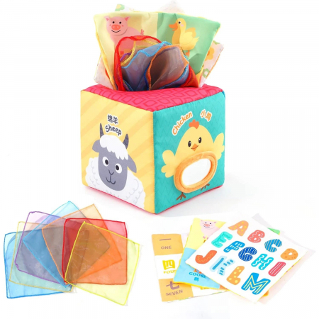 Jucarii bebe - Cub senzorial activitati cu servetele, Animale si CIfre , multicolor